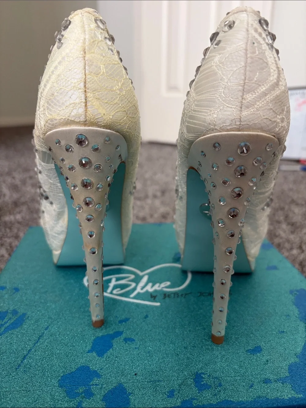Betsy Johnson Embellished Ivory Peep-Toe Platform Pumps